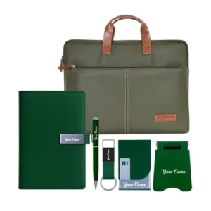6 in 1 Laptop Bag with Personalized Diary and Pen, Keychain, Card Holder, Mobile Stand with Name, Customized Gift for Husband, Father, Employee Welcome Kit, Corporate Gift for Employees (Green)