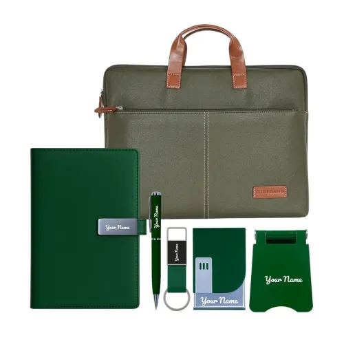 6 in 1 Laptop Bag with Personalized Diary and Pen, Keychain, Card Holder, Mobile Stand with Name, Customized Gift for Husband, Father, Employee Welcome Kit, Corporate Gift for Employees (Green)