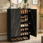 ABOUT SPACE Shoe Cabinet – 7 Tier Shoe Rack with Door & Open Bottom Storage|Press Open 2 Door Engineered Wood Shoes Stand for Home | Adjustable Shelf Raised Legs 18-21 Pair | Black & Black Marble