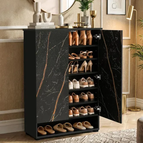 ABOUT SPACE Shoe Cabinet – 7 Tier Shoe Rack with Door & Open Bottom Storage|Press Open 2 Door Engineered Wood Shoes Stand for Home | Adjustable Shelf Raised Legs 18-21 Pair | Black & Black Marble ABOUT SPACE Shoe Cabinet – 7 Tier Shoe Rack with Door & Open Bottom Storage|Press Open 2 Door Engineered Wood Shoes Stand for Home | Adjustable Shelf Raised Legs 18-21 Pair | Black & Black Marble