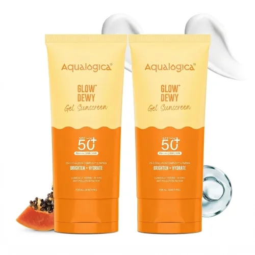 Aqualogica Glow+ Dewy Gel Sunscreen – 80 g x 2 | SPF 50+ PA++++ | In-Vivo Tested | New-age Filters | 12-Hour* Sun Protection | Tan Protection | For Bright & Hydrated Skin | Fragrance-Free & No White Cast | C-Hyaluron Complex™ & Papaya | Bro