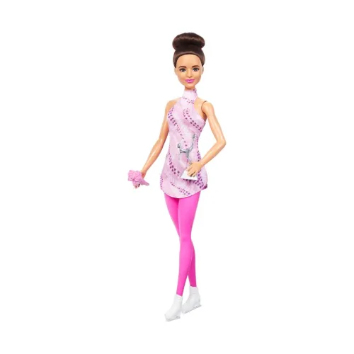 Barbie Careers Fashion Doll & Accessories, Brunette in Removable Pink Skate Outfit with Ice Skates & Trophy