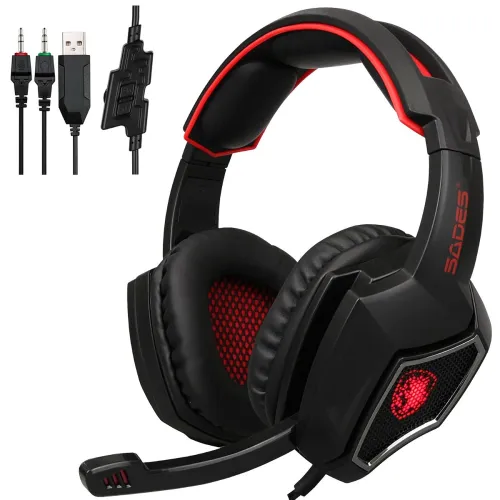 BigPlayer SADES Spirit Wolf 3.5mm Wired Stereo Gaming Headset Headband Headphones with Microphone Deep Bass Over-The-Ear Noise Isolating Volume Control LED Lights for PC Gamers (Black Red), 1, red and black