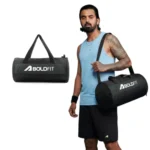 Boldfit Gym Bags for Men with Separate Shoe Compartment Unisex Duffle Bag for Carry & Travel Adjustable for Shoes Towel Duffel Sports Bag for Women & Men 20L – Black Grey