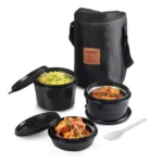 Cello All In One Lunch Box with Fabric Bag, Black 3 Microwave Safe Insulated Inner Steel Containers (550ml,375ml,225ml)| Food Grade, BPA Free, Air Tight Leak Proof Tiffin Box Set For Office, College
