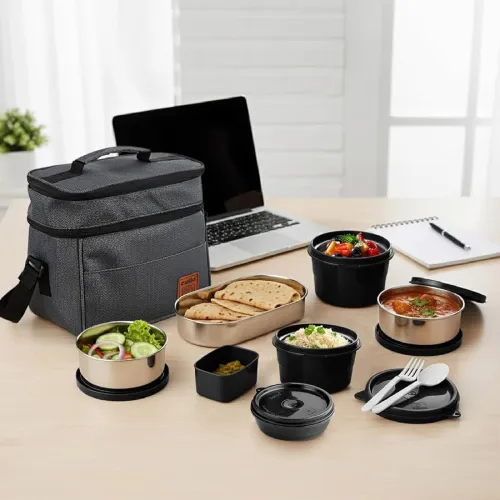 CELLO MF All Day Meal Lunch Box with Bag, Grey | Microwave Safe Containers (550ml,375ml,225ml) + Steel Containers (500ml, 300ml) + Chutney Dabba 130ml, Spoon & Fork Set | Leakproof Tiffin for Office