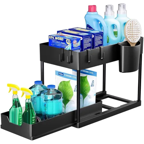 E-COSMOS® 2-Tier Under Sink Organizer – Pull Out Cabinet Storage with Hooks & Hanging Cup, Multi-Purpose Under Bathroom Sink Organizer and Storage, Kitchen Cabinet Organizer,(Black)