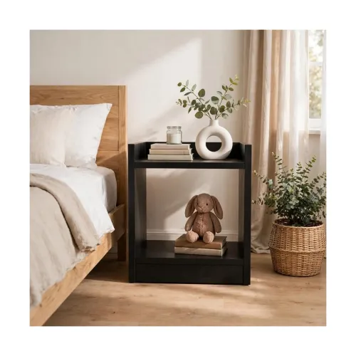 Engineered Wood Side Table with Storage Shelf, Modern End Table for Living Room, Bedroom & Sofa, Wooden Nightstand with Open Shelves (Black)