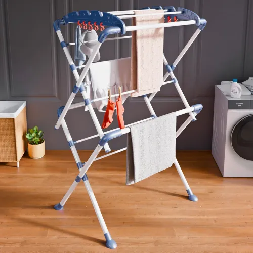 Happer Premium Clothes Stand for Drying |Foldable Portable |2 Layer Rack for Balcony |13 Hanger Rods and 10 Additional Hooks |Anti Rust Steel Metal (White Blue | Sumo)