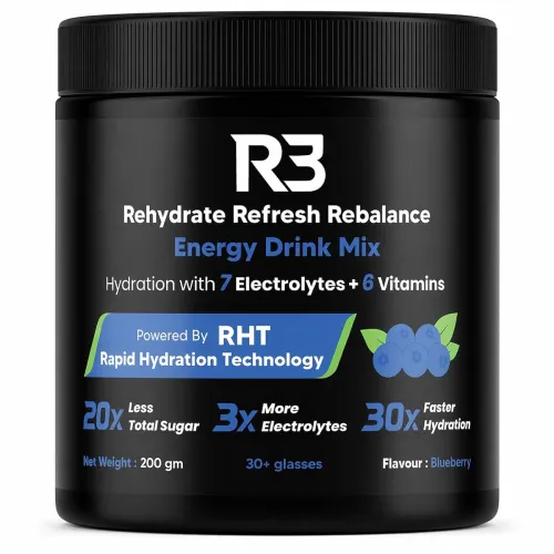 Instant Electrolyte Powder Mix | 500 mg Sodium 2:1 Na:K | 7 Electrolytes Na K Mg Ca Cl Zn SO4 | Fast Dissolve Drink | Workout Hydration & Sustained Boost | Blueberry Flavour | 30+ servings/7.5 Ltr | 200 g
