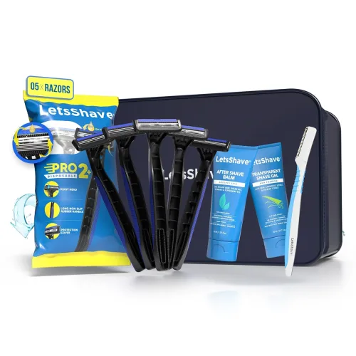 LetsShave Pro 2 Disposable Shaving Kit For Men, Pack of 5 Razors + 1 Pro Styler + 1 Transparent Shave Gel 30ml + 1 After Shave Balm 30ml & Travel Pouch, Razor for Men, Shaving Kit