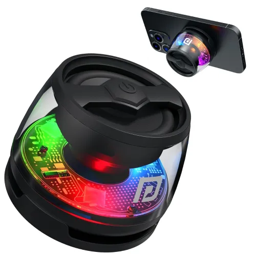 Portronics Nadya 6W Magnetic Bluetooth Speaker with MagSafe Mobile Stand, HD Sound, Upto 4 Hours Playtime, 40mm Driver, RGB LED Lights, Bluetooth 5.3V, Transparent Speaker, Type C Charging(Black)