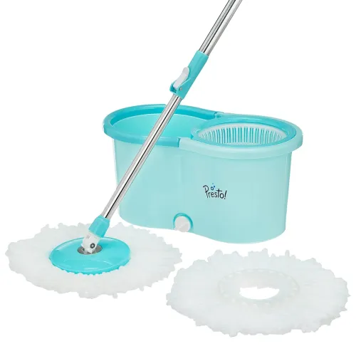 Amazon Brand – Presto! Spin Mop with Plastic Bucket Set, Blue Amazon Brand – Presto! Spin Mop with Plastic Bucket Set, Blue
