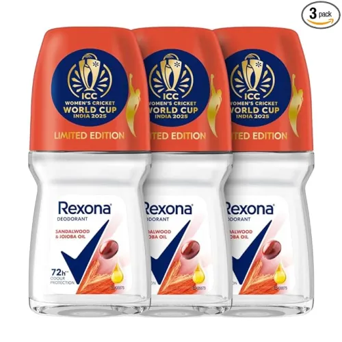 Rexona Sandalwood & Jojoba Oil Antiperspirant Roll-On | for Women | 72H Odour Protection | Limited Edition Pack – ICC Women’s Cricket World Cup India 2025 |50 ML (Pack of 3)