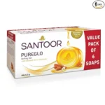 Santoor PureGlo Glycerine Soap with Almond Oil and Glycerine, 125g (Pack of 6) for Nourished Glowing Skin