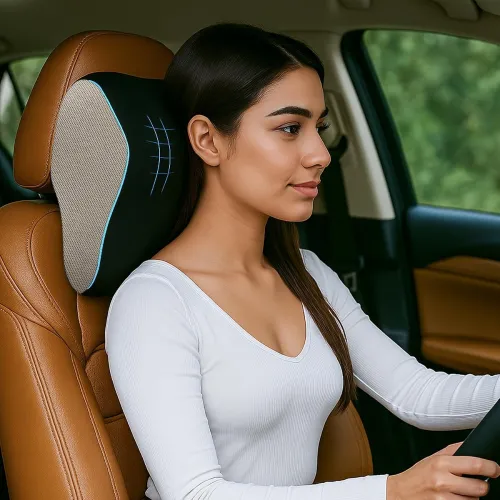 Sleepsia Car Neck Pillow for Head & Cervical Support | 1 Year Warranty | 100% Memory Foam | Ergonomic Car Seat Headrest Cushion – Relieves Neck Pain (Black/Grey)