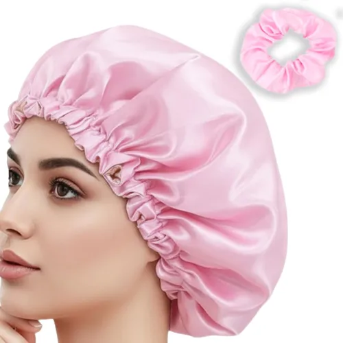 TEMPERIA Satin Silk Hair Bonnet Cap for Sleeping with Scrunchies for Women & Girls | Night Head Cover Wrap for Curly & All Hair Types | Adjustable, Soft & Comfortable – Pink