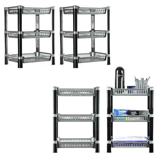 Urbane Home Pack of 4 Multipurpose Racks for Storage | 3-Tier Kids Toy Organizer/Under Wash Basin & Office Storage Cabinet & Shelves | Silver