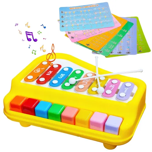 VGRASSP 2 in 1 Big Xylophone and Piano Toy for Kids with 8 Colorful Keys and Drum Sticks – Musical Instrument Toy for Baby and Toddlers – Yellow