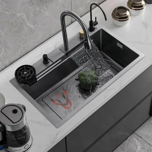 Kitchen Sink 304 Grade Anti Scratch Design with Integrated Waterfall and Pull-Down Faucet Set and All Accessories (All in One (24X18X9)) Kitchen Sink 304 Grade Anti Scratch Design with Integrated Waterfall and Pull-Down Faucet Set and All Accessories (All in One (24X18X9))