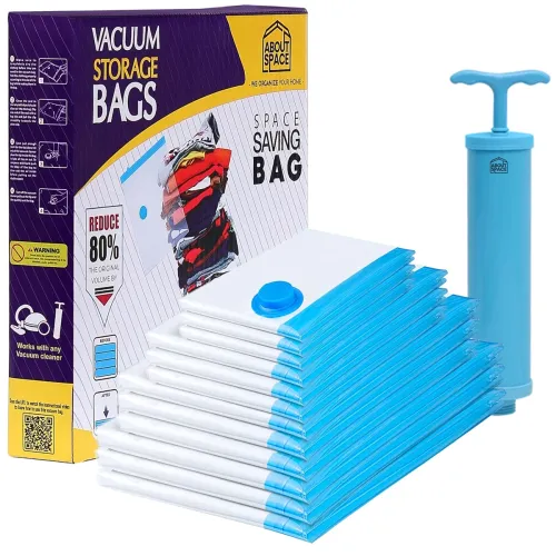 ABOUT SPACE Polyethylene 12 Pack Vacuum Bags for Travel with Hand Pump (3Jumbo/3 Large/3 Medium/3 Small) for Packing, Vaccine Sealer Bags with Ziplock, Transparent ABOUT SPACE Polyethylene 12 Pack Vacuum Bags for Travel with Hand Pump (3Jumbo/3 Large/3 Medium/3 Small) for Packing, Vaccine Sealer Bags with Ziplock, Transparent