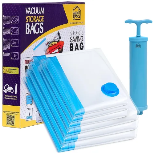 ABOUT SPACE Polyamide Polyethylene Vacuum Compression Bags (6 Pack) with Hand Pump | 3 Jumbo/3L Zip Seal Compression Storage Bags | Heavy-Duty Airtight Reusable Space Saver Luggage Organizer (Blue)