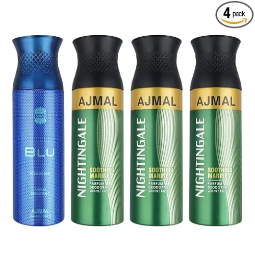 Ajmal 1 Blu Homme for Men and 3 Nightingale for Men & Women Deodorants each 200ML Combo pack of 4 (Total 800ML) Ajmal 1 Blu Homme for Men and 3 Nightingale for Men & Women Deodorants each 200ML Combo pack of 4 (Total 800ML)