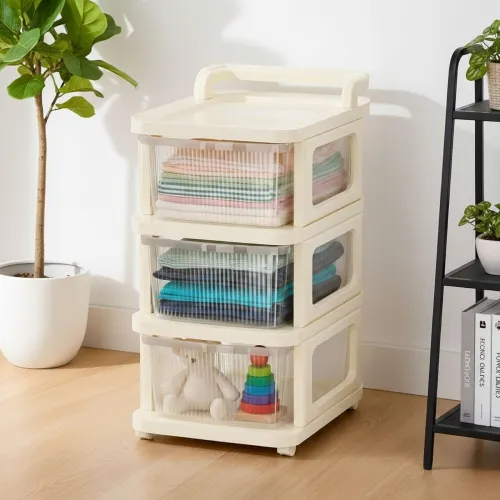 Aliensware 3Layer Plastic Storage Drawer Organizer with Wheels, Modular Cabinet for Home, Office, School, Hospital, Parlor, Morden Kitchen,Clothes, Toys Organiser for Kids Room-Aliens,Clear Ivory