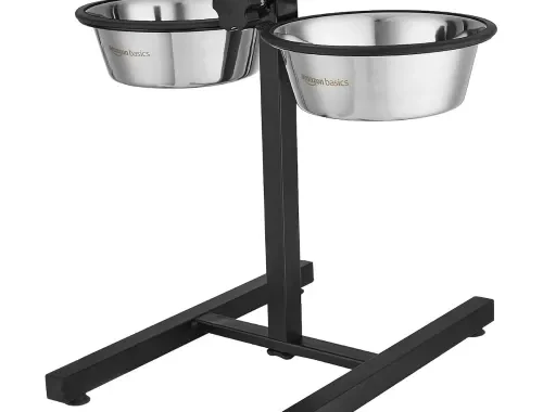 Amazon Basics Adjustable Double Diner for Pet Food and Water | 1500 ml Each | Two Removable Stainless Steel Bowls | Cat and Dog Food Bowl | Adjustable Height | Extra Rubber Support | H-Base