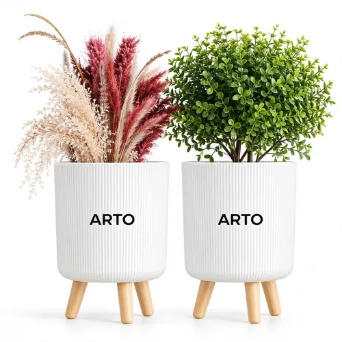 Arto Ribbed Planter Pot Set with Wooden Legs – White Indoor Plant Stand | Set of 2 Modern Mid‑Century Planter Pots for Home Decor | Elevated Plant Stands for Living Room, Balcony Arto Ribbed Planter Pot Set with Wooden Legs – White Indoor Plant Stand | Set of 2 Modern Mid‑Century Planter Pots for Home Decor | Elevated Plant Stands for Living Room, Balcony