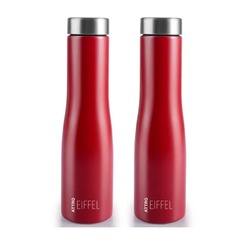 ATTRO Eiffel 1000ml Stainless Steel Single Wall Water Bottle Sleek & Stylish BPA-Free Leak-Proof Ideal for School, Office & Outdoor – Set of 2 Red