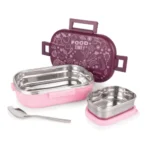 Attro Food Time Stainless Steel Lunch Box, Airtight & Leak Proof – 2 Containers with Spoon (Big 750 Ml & Small 250 Ml) for Office Use, School, Picnic – Purple & Pink