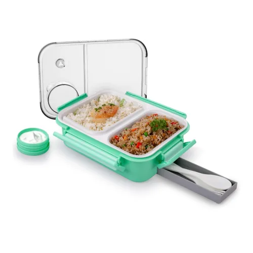 ATTRO Smart 2 Compartment Lunch Box with Small Container Spoon & Fork Included Snap Lock Design Leak-Proof BPA Free Food Grade- 750ml Mint Green, Plastic ATTRO Smart 2 Compartment Lunch Box with Small Container Spoon & Fork Included Snap Lock Design Leak-Proof BPA Free Food Grade- 750ml Mint Green, Plastic