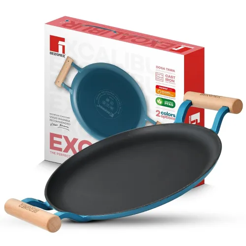 BERGNER Excalibur Lightweight Cast Iron Dosa Tawa 30cm, Double Sided Sturdy Handle, Non-Stick Coating, PFAS Free, Perfect Heat Distribution, Elegant Design – Induction Compatible (Blue)