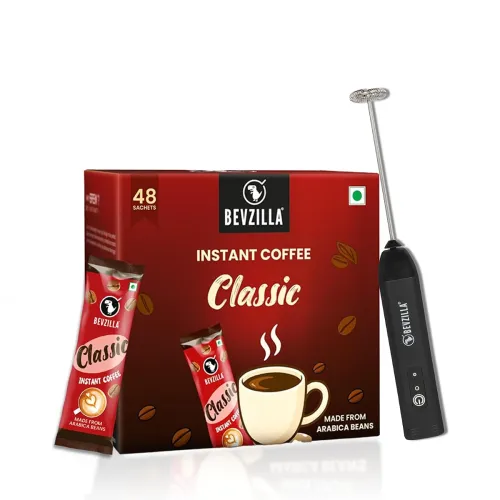 Bevzilla 48 Classic Coffee Sachet with Rechargeable Electric Frother Combo Pack | 3-Speed Setting with Type-C Fast Charging|r | Café Coffee Kit | Perfect for Espresso, Latte & Cappuccino | Enjoy Hot & Cold Brews Bevzilla 48 Classic Coffee Sachet with Rechargeable Electric Frother Combo Pack | 3-Speed Setting with Type-C Fast Charging|r | Café Coffee Kit | Perfect for Espresso, Latte & Cappuccino | Enjoy Hot & Cold Brews