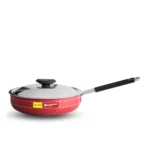 Black Magnum Basics IBFPNL-2, 24 cm Diameter Frying Pan, Nonstick 2 Litre Curry Pan Fry Pan with Steel Lid, Small Frying Pan, Red