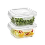Borosil Klip N Store Square Glass Food Storage Container Set with Air Tight Lid | Borosilicate Glass Container for Lunchbox | Microwave & Dishwasher Safe | Transparent (2, Transparent)