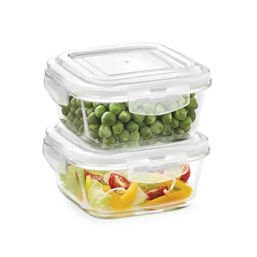 Borosil Klip N Store Square Glass Food Storage Container Set with Air Tight Lid | Borosilicate Glass Container for Lunchbox | Microwave & Dishwasher Safe | Transparent (2, Transparent)
