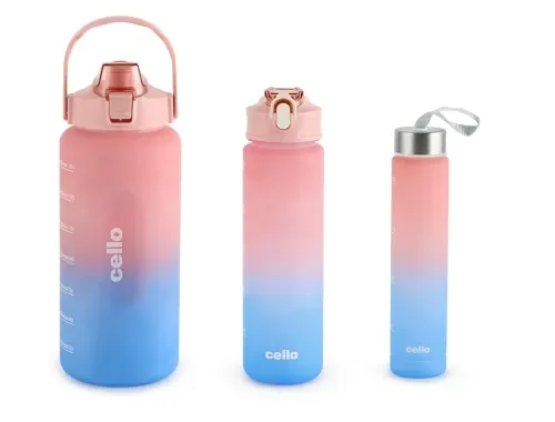 CELLO All Day Set of 3 Pieces Water Bottles Daily Use, Pink (310ml, 790ml, 2085ml) | BPA Free Leakproof Lightweight Easy to Carry Different Sizes Water Bottle For School, Workout, Gym & Office