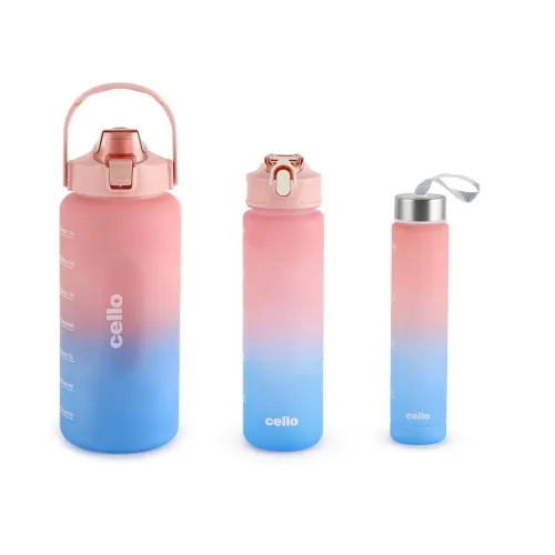 CELLO All Day Set of 3 Pieces Water Bottles Daily Use, Pink (310ml, 790ml, 2085ml) | BPA Free Leakproof Lightweight Easy to Carry Different Sizes Water Bottle For School, Workout, Gym & Office