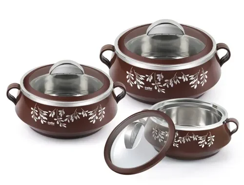 CELLO Glitter Casserole with Inner Steel | Insulated Stainless Steel Inner Body Casserole Set for Meal| chapati| Curry| roti, 3 Unit, Brown
