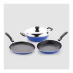 Crystal Induction Base Nonstick Cookware Set – 4-Pcs | Tawa 250 mm + Fry Pan 225 mm + Kadai 225 mm + Glass lid 225 mm | Thickness- 3mm