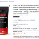 DENZOUR NUTRITION Denz-Raw 80% Imported Whey Protein with Digestive Enzymes | Increase muscle strength, Growth & Recovery | Lab Tested | 27g Protein, 5.9g BCAA- Unflavoured, 1.02Kg/2.2lb (30 Servings)