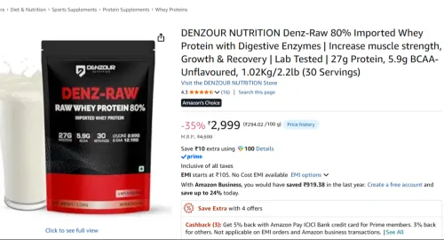 DENZOUR NUTRITION Denz-Raw 80% Imported Whey Protein with Digestive Enzymes | Increase muscle strength, Growth & Recovery | Lab Tested | 27g Protein, 5.9g BCAA- Unflavoured, 1.02Kg/2.2lb (30 Servings) DENZOUR NUTRITION Denz-Raw 80% Imported Whey Protein with Digestive Enzymes | Increase muscle strength, Growth & Recovery | Lab Tested | 27g Protein, 5.9g BCAA- Unflavoured, 1.02Kg/2.2lb (30 Servings)