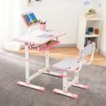 Amazon Brand -Jam & Honey Kids Functional Desk and Chair Set,Height Adjustable Children School Study Table with Book Holder Slot|Age 3+Years(Pink|Iron & Wood,H:35.5x40x32.5cm(chair) 63x43x69cm(table)