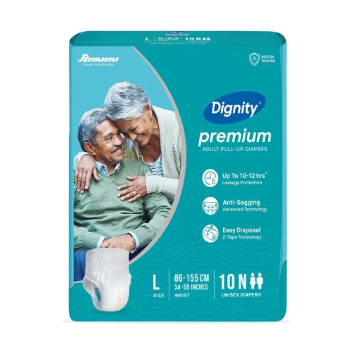 Dignity Premium Pull Up Adult Diapers Pant Style – 10 Count (Large) with Soft Elastic and Extra Absorbent Core, Waist Size 34\’ – 59\’, 10 Pcs/Pack (Pack of 1) Dignity Premium Pull Up Adult Diapers Pant Style – 10 Count (Large) with Soft Elastic and Extra Absorbent Core, Waist Size 34\’ – 59\’, 10 Pcs/Pack (Pack of 1)