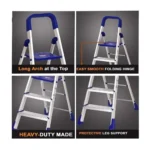 Dynamo – Foldable Aluminium Step Ladder, Safety Clutch Lock, Anti Slip Steps, Knee Guard, Anti Skid PVC Shoes, 4 Steps (Aluminium, Steel, Blue)