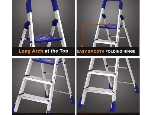 Dynamo – Foldable Aluminium Step Ladder, Safety Clutch Lock, Anti Slip Steps, Knee Guard, Anti Skid PVC Shoes, 4 Steps (Aluminium, Steel, Blue)