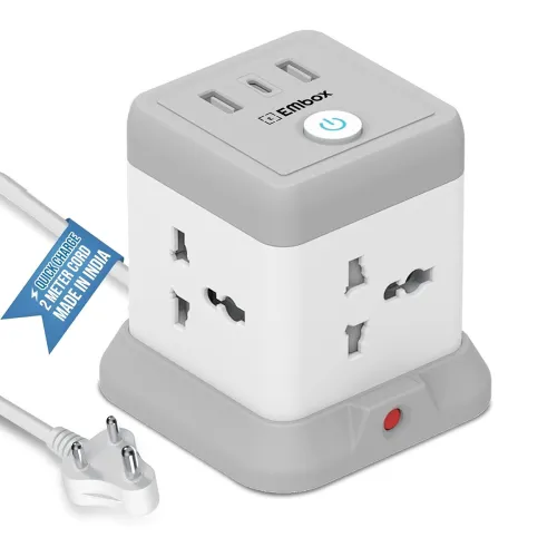 EMBOX Cube Extension Board with USB Type C (2.4 A) (QC 3.0) | 2500W Heavy Duty Extension Board with Switches | Extension Cord with Universal Sockets Safety Shutter & Overload Protector, 2 Meter EMBOX Cube Extension Board with USB Type C (2.4 A) (QC 3.0) | 2500W Heavy Duty Extension Board with Switches | Extension Cord with Universal Sockets Safety Shutter & Overload Protector, 2 Meter