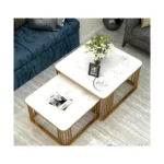 Furniture Cafe Square Nesting Coffee Table Set of 2 with White Marble Look Top & Gold Metal Frame | Modern Stackable Center Tables for Living Room, Bedroom, Balcony & Apartment (White & Black & Gold)